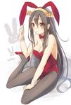  bad_id bad_pixiv_id blush breasts brown_eyes brown_hair bunnysuit haruna_(kantai_collection) kantai_collection large_breasts long_hair nunucco pantyhose simple_background sitting solo very_long_hair white_background 
