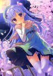  absurdres cherry_blossoms dress dress_lift fringe_trim full_moon handrail hat highres long_hair moon night night_sky one_side_up panties pantyshot poncho purple_eyes purple_hair sky solo thighhighs underwear white_legwear white_panties yukie_(peach_candy) 