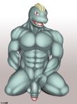  2015 5_fingers abs anthro balls biceps glans grey_skin humanoid humanoid_penis kneeling looking_at_viewer machop male muscles navel nintendo nude open_mouth pecs penis pok&eacute;mon presenting red_eyes seyrmo smile solo spread_legs spreading teeth tongue vein video_games 