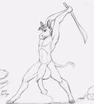  angry anthro balls big_balls big_penis clothing cum dinosaur dripping equine female horse hyper leaking loincloth male mammal partially_clothed penis psydraggy_(artist) sketch standing sword weapon 