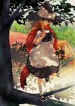  a+1 apron blonde_hair bow braid branch dappled_sunlight dress_shirt full_body hair_bow hat hat_bow highres house in_tree kirisame_marisa leg_up long_hair looking_at_viewer mary_janes outdoors puffy_short_sleeves puffy_sleeves red_eyes red_scarf scarf shadow shirt shoes short_sleeves smile socks standing standing_on_one_leg sunlight touhou tree w white_shirt witch_hat 