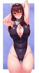  armpits ashigara_(kantai_collection) breasts brown_eyes brown_hair cleavage front_zipper_swimsuit highres kantai_collection large_breasts meme_attire one-piece_swimsuit solo swimsuit thighs vuccha 