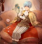  blue_hair cravat feathers flower glass gloves ichigo_hitofuri indoors looking_at_viewer male_focus mizuhara_aki orange_eyes peacock_feathers petals pillow sitting solo tassel touken_ranbu white_gloves 