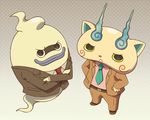  crossed_arms cyaneko formal from_above frown ghost gradient gradient_background hands_on_hips komasan looking_at_viewer looking_up necktie no_humans smile standing suit taiyou_ni_hoeru_zura whisper_(youkai_watch) youkai youkai_watch 