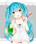  :o ahoge bangs blue_eyes blue_hair bra cherry commentary_request cream cream_on_face cup dress food food_on_face fruit hair_ornament hatsune_miku highres icing kumahara long_hair mug nail_polish soda solo strap_slip toothbrush twintails underwear vocaloid 