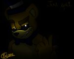  animatronic bear black_background black_sclera bow_tie emmonsta five_nights_at_freddy&#039;s golden_freddy_(fnaf) hat lagomorph looking_at_viewer machine male mammal mechanical plain_background robot smile text 