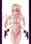  alternate_costume bikini blonde_hair breasts cleavage collarbone dual_wielding franz_(217franz) gun hair_flaps hair_ornament hair_ribbon hairclip highres holding kantai_collection large_breasts long_hair looking_at_viewer machine_pistol navel older red_eyes remodel_(kantai_collection) ribbon simple_background skindentation skorpion_vz._61 smile solo strap_gap submachine_gun swimsuit thigh_gap trigger_discipline weapon yuudachi_(kantai_collection) 