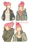  alternate_hair_length alternate_hairstyle annie_mei annie_mei_project breasts caleb_thomas cleavage collage fashion green_eyes hands_in_pockets highres jacket jewelry lips medium_breasts necklace pendant pink_hair short_ponytail smile solo 