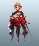  1girl armor black_dress black_legwear blonde_hair blue_background blue_eyes breasts cleavage_cutout closed_mouth crown dress earrings flower full_body garter_straps hand_on_hip head_tilt holding holding_sword holding_weapon jewelry juliet_sleeves large_breasts lilithbloody long_sleeves looking_at_viewer original petals puffy_sleeves red_skirt rose rose_petals short_hair simple_background skirt smile solo standing sword thighhighs waist_cape weapon 