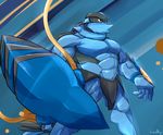  abstract_background anthro anthrofied clawitzer male muscles nintendo pok&eacute;mon pok&eacute;morph solo video_games waddledox yellow_eyes 