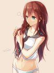  adjusting_hair bad_id bad_pixiv_id green_eyes kantai_collection long_hair mouth_hold noshiro_(kantai_collection) nunucco panties simple_background solo striped striped_panties tying_hair underwear 