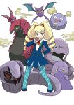  1girl arbok bat blonde_hair blue_legwear brown_eyes creatures_(company) crobat crossover game_freak gen_1_pokemon gen_2_pokemon gen_3_pokemon hand_on_hip holding holding_poke_ball koffing long_hair miyata_(lhr) muk nintendo poke_ball pokeball pokemon pokemon_(creature) rockman ryuusei_no_rockman shirogane_luna simple_background smile snake striped striped_legwear swalot twintails white_background 