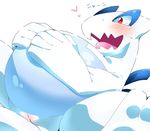  &lt;3 2015 avian belly big_belly blush female feral hitsojitaro legendary_pok&eacute;mon lugia nintendo open_mouth pok&eacute;mon pussy red_eyes sitting smile solo spread_legs spreading sweat tears text tongue tongue_out video_games 
