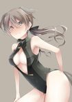  amai_nekuta blush breasts brown_eyes brown_hair cleavage front_zipper_swimsuit gertrud_barkhorn large_breasts long_hair meme_attire one-piece_swimsuit solo strike_witches swimsuit twintails unzipped world_witches_series zipper 