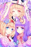  alice_margatroid animal_ears blonde_hair blue_eyes blush bow braid butterfly_hair_ornament cat_ears crescent crescent_hair_ornament fang flower hair_bow hair_flower hair_ornament hairband hands_on_headwear hat hydrangea kemonomimi_mode kirisame_marisa long_hair looking_at_viewer ming_qian_luo multiple_girls no_hat no_headwear one_eye_closed open_mouth orange_eyes patchouli_knowledge pout purple_hair ribbon smile touhou wisteria witch_hat 