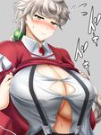  blush bol_(liliymimi) braid breasts brown_eyes bursting_breasts cosplay grey_background huge_breasts kantai_collection navel open_clothes ryuujou_(kantai_collection) ryuujou_(kantai_collection)_(cosplay) silver_hair single_braid solo suspenders sweatdrop unryuu_(kantai_collection) wavy_hair 