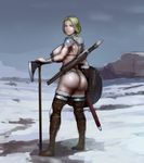  ass axe bad_deviantart_id bad_id blue_eyes booster-yoshy3 boots braid breasts g-string highres huge_breasts legs long_hair looking_at_viewer looking_back original panties polearm scar sideboob snow solo spear tattoo thigh_boots thighhighs thighs thong toned underwear weapon 
