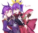  1girl arm_around_shoulder bad_id bad_twitter_id blue_hair bow cape fingerless_gloves gloves green_eyes hair_bow jacket jean1620y korean multicolored_hair open_mouth ponytail purple_eyes purple_hair serena_(yuu-gi-ou_arc-v) single_glove smile two-tone_hair yuu-gi-ou yuu-gi-ou_arc-v yuuri_(yuu-gi-ou_arc-v) 