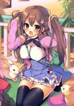  absurdres ayuma_sayu bag black_legwear blush breasts brown_eyes brown_hair bunny d: detached_sleeves hair_ornament highres large_breasts open_mouth seiza shoulder_bag sitting skirt thighhighs twintails wooden_floor zettai_ryouiki 