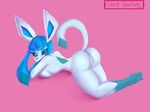  2015 anthro blue_eyes blue_nose breasts butt canine clitoris cosmicvanellope eeveelution eyelashes female fur glaceon looking_at_viewer lying mammal nintendo nude pok&eacute;mon pussy raised_tail shadow solo video_games 