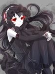  bad_id bad_pixiv_id black_bow black_dress black_footwear black_hair black_legwear bonnet bow detached_sleeves dress glowing glowing_eyes gothic_lolita horns isolated_island_oni kantai_collection lolita_fashion long_hair nunucco pantyhose red_eyes shinkaisei-kan shoes smile solo white_skin 