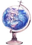  blue_eyes bow dress globe hair_bow happytreefriendspikapika highres in_container long_hair looking_at_viewer mermaid monster_girl original puffy_sleeves silver_hair solo submerged twintails very_long_hair water 