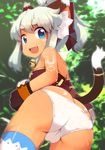  animal_ears ass blue_eyes butt_crack cat_ears cat_tail dutch_angle fang from_behind gloves lillithlauda looking_back panties ponytail priget sidelocks solo standing tail tail_ring tan thighhighs underwear 