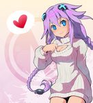  braid breasts cleavage commentary gradient gradient_background hair_ornament heart long_hair medium_breasts meme_attire neptune_(series) open-chest_sweater purple_hair purple_heart ribbed_sweater segamark smile solo speech_bubble spoken_heart sweater symbol-shaped_pupils turtleneck twin_braids very_long_hair 