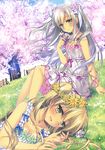  :d absurdres bench blonde_hair breasts brown_eyes cherry_blossoms cleavage collarbone dress fence field flower flower_field flower_wreath grass grey_hair head_wreath highres looking_at_viewer lying meadow medium_breasts motomiya_mitsuki multiple_girls on_side open_mouth plant sitting small_breasts smile tree two_side_up 