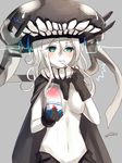  1girl artist_name bad_id bad_pixiv_id blush bodysuit brain_freeze breasts cape green_eyes grey_background kantai_collection large_breasts nunucco pale_skin shaved_ice shinkaisei-kan simple_background solo tears white_hair wo-class_aircraft_carrier 