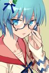  adjusting_eyewear blue_eyes blue_hair flower glasses hair_flower hair_ornament hair_ribbon ninomoto original parted_lips ribbon short_hair solo 