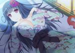  bad_id bad_pixiv_id black_hair breasts cleavage cup flower hair_flower hair_ornament huge_breasts japanese_clothes long_hair looking_at_viewer lying on_back original red_eyes smile solo spill symfo tray 