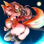  animal_ears ass bare_shoulders black_legwear blush bracelet breasts brown_hair colored_eyelashes female fingernails fox_ears fox_tail from_behind gradient_hair huge_breasts jewelry kiyukisuke long_fingernails long_hair looking_at_viewer looking_down moon multicolored_hair open_mouth original panties red_eyes red_hair shiny shiny_clothes shiny_skin sideboob solo starry_sky tail thighhighs underboob underwear 
