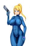  bangs blonde_hair blue_eyes bodysuit booster-yoshy3 breasts breasts_apart covered_navel covered_nipples cowboy_shot emblem gloves gun handgun high_ponytail highres hips holding holding_weapon impossible_bodysuit impossible_clothes large_breasts light_smile long_hair metroid pistol puffy_nipples samus_aran scrunchie simple_background skin_tight smile solo standing swept_bangs thighs trigger_discipline turtleneck weapon white_background wide_hips zero_suit 