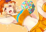  aki_minoriko blonde_hair blush breasts cheerleader food fruit grapes hat hati105 highres large_breasts midriff navel open_mouth pom_poms red_eyes short_hair skirt smile solo touhou 