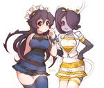  black_gloves black_hair blue_dress blue_legwear blush bow bracelet breasts dress elbow_gloves filia_(skullgirls) frilled_dress frills gloves hair_bow hair_over_one_eye hand_on_hip jacket jewelry leviathan_(skullgirls) long_hair medium_breasts meme meme_attire multiple_girls ng_(kimjae737) prehensile_hair purple_skin red_eyes samson_(skullgirls) side_ponytail skullgirls smile squigly_(skullgirls) stitched_mouth stitches the_dress_(meme) thigh_gap thighhighs white_dress white_legwear zombie 