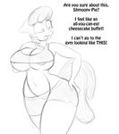  2015 anthro anthrofied areola big_breasts black_and_white breasts cheerilee_(mlp) cleavage clothed clothing dialogue english_text equine female friendship_is_magic hair horse jrvanesbroek mammal monochrome my_little_pony navel shorts sketch solo text wide_hips 
