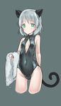  alternate_costume animal_ears aohashi_ame breasts cat_ears cat_tail cleavage front_zipper_swimsuit green_eyes highres meme_attire one-piece_swimsuit sanya_v_litvyak short_hair silver_hair small_breasts solo strike_witches swimsuit tail towel world_witches_series 
