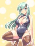  aqua_eyes aqua_hair breasts brown_legwear cleavage cleavage_cutout easily front_zipper_swimsuit hair_ornament hairclip highres kantai_collection large_breasts lips long_hair meme_attire one-piece_swimsuit smile solo squatting suzuya_(kantai_collection) swimsuit thighhighs unzipped 