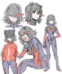  1girl animal_hat artist_request black_hair blue_eyes bodysuit cat_hat collage cosplay evangelion:_2.0_you_can_(not)_advance eyepatch hairpods hat highres jacket kill_la_kill matoi_ryuuko multicolored multicolored_bodysuit multicolored_clothes multicolored_hair neon_genesis_evangelion plugsuit rebuild_of_evangelion red_hair senketsu shikinami_asuka_langley_(cosplay) short_hair sketch solo_focus soryu_asuka_langley source_request souryuu_asuka_langley_(cosplay) streaked_hair test_plugsuit track_jacket 