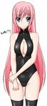  blue_eyes breasts cleavage front_zipper_swimsuit highres large_breasts long_hair looking_at_viewer meme_attire one-piece_swimsuit original pink_hair ppshex smile solo swimsuit thighhighs very_long_hair 