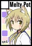  animal_ears black_border blonde_hair blush border circle_cut ichii_yui kemonomimi_mode long_hair looking_at_viewer mel_(melty_pot) school_uniform school_uniform_(yuyushiki) serafuku solo yellow_eyes yuyushiki 