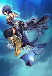  1girl aqua_(kingdom_hearts) back backless bare_shoulders bike_shorts blue_hair detached_sleeves highres keyblade kingdom_hearts kingdom_hearts_birth_by_sleep looking_back showgirl_skirt solo strap thighhighs weapon 