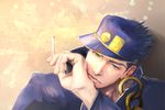  blue_hair chain cigarette green_eyes highres jojo_no_kimyou_na_bouken kuujou_joutarou male_focus sasamura solo 