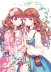  bangs blue_dress blunt_bangs braid brown_hair choker dress flower frills hands_clasped highres jewelry long_hair looking_at_viewer multiple_girls necklace nishimura_eri official_art original own_hands_together pink_dress pouch purple_eyes ribbon rose smile wavy_hair 