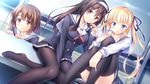  bangs black_legwear blonde_hair blue_eyes blush board breasts brown_hair collarbone feet hair_ribbon hairband highres kasumigaoka_utaha katou_megumi large_breasts long_hair long_legs long_sleeves looking_at_viewer multiple_girls no_shoes open_mouth pantyhose red_eyes ribbon saenai_heroine_no_sodatekata sawamura_spencer_eriri school_uniform short_hair sitting skirt smile table thighhighs twintails yellow_eyes yuurei_yashiki 