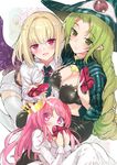  2girls :3 :d beatmania beatmania_iidx black_bra blonde_hair blush box bra braid breasts cleavage covering_mouth crown dress eyeball faula_(beatmania) green_eyes green_hair hat heart-shaped_box incoming_gift jpeg_artifacts juliet_sleeves large_breasts long_hair long_sleeves multiple_girls mutsutake open_clothes open_mouth open_shirt otoko_no_ko pink_eyes pink_hair plaid puffy_sleeves rche_(beatmania) red_eyes shirt shorts smile striped sumomo_(beatmania) thighhighs underwear valentine very_long_hair white_dress white_legwear wings witch_hat 