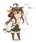  &gt;_&lt; ahoge animal_ears bare_shoulders blush brown_hair cat_ears closed_eyes detached_sleeves double_bun hairband headgear highres japanese_clothes kantai_collection kemonomimi_mode kongou_(kantai_collection) kyounami long_hair nontraditional_miko open_mouth pleated_skirt skirt solo thighhighs translated waving zettai_ryouiki 