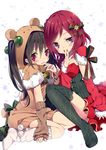  animal_costume bangs bear_costume between_breasts black_hair bow breasts bunny_tail christmas detached_sleeves dress fur_trim hair_bow hand_to_own_mouth highres kneehighs looking_at_viewer loose_socks love_live! love_live!_school_idol_project multiple_girls nail_polish nishikino_maki no_shoes pom_pom_(clothes) purple_eyes red_eyes red_hair red_nails reindeer_costume ribbed_sweater ribbon rugo santa_costume short_hair sitting socks star starry_background striped striped_ribbon sweater sweater_dress tail thighhighs twintails yazawa_nico 