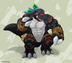  2012 abs anthro athletic bandai_namco belt biceps big_muscles biped black_body black_skin blue_eyes claws clothed clothing darktyrannomon digimon digimon_(species) dinosaur extinct fangs grey_body grey_skin kuroma male markings muscular muscular_anthro muscular_male open_mouth partially_clothed pecs prehistoric_species red_body red_skin reptile scales scalie solo standing stripes tail teeth theropod toe_claws tongue tyrannomon vein 